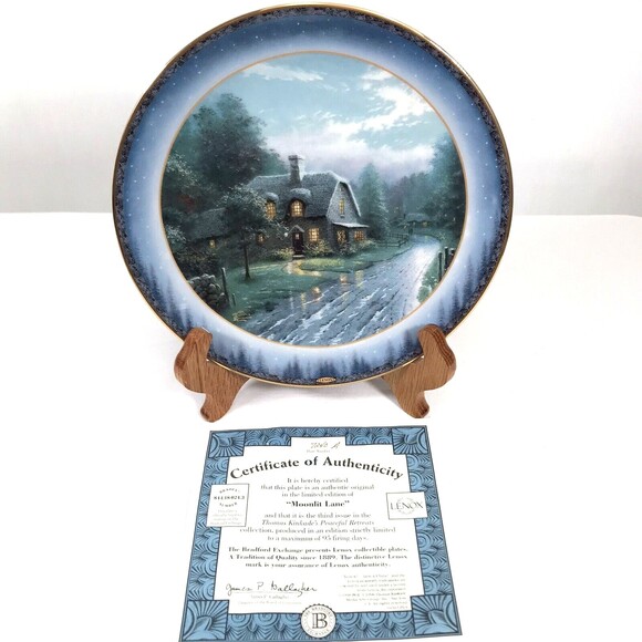 Thomas Kinkade Moonlit Lane Cottage Plate Bradford Exchange Lenox W/ Certificate - Picture 1 of 4